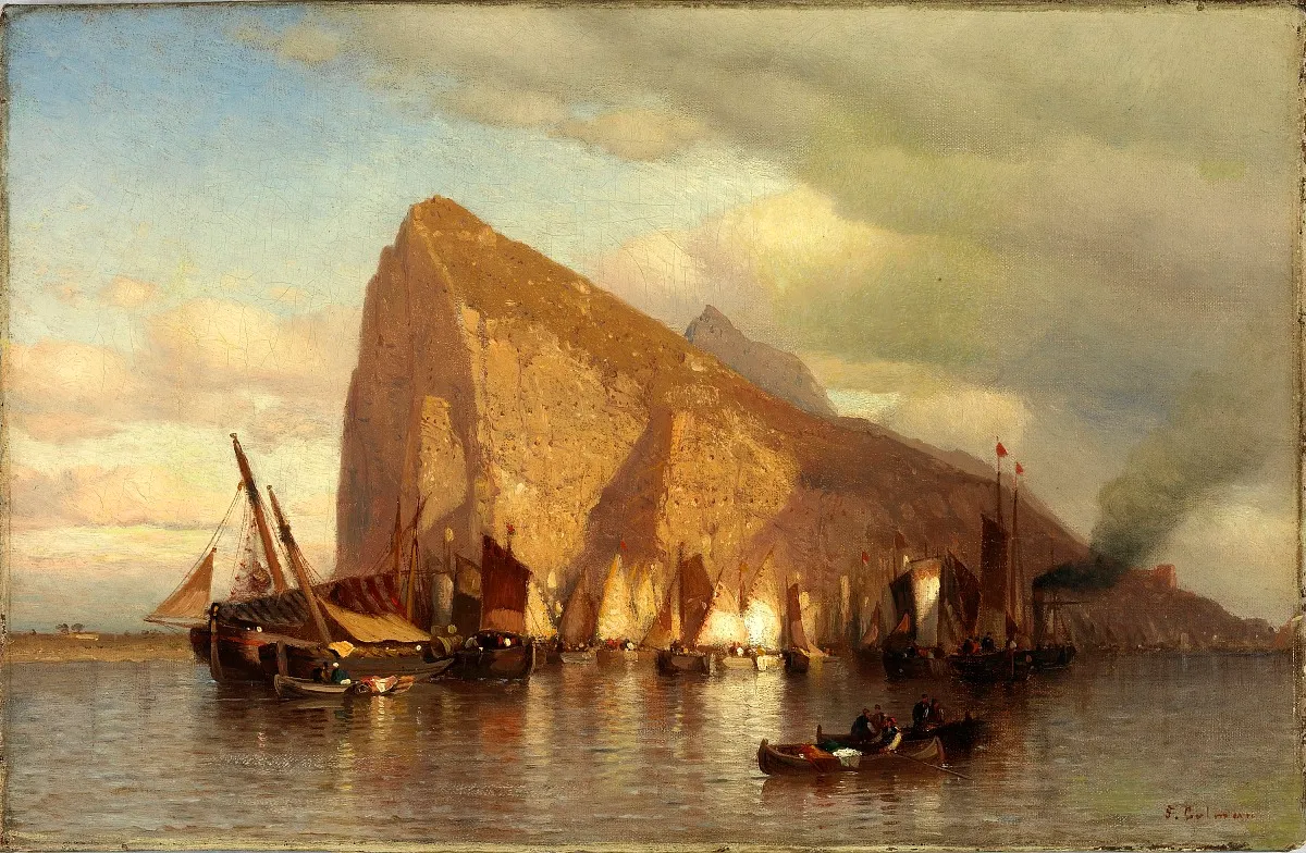 An oil painting showing sailboats in front of the Rock of Gibraltar as storm clouds disperse overhead. The rock, painted in earthy tones, looms over the small boats. To the right a single steam-powered ship emits black smoke from its funnel.